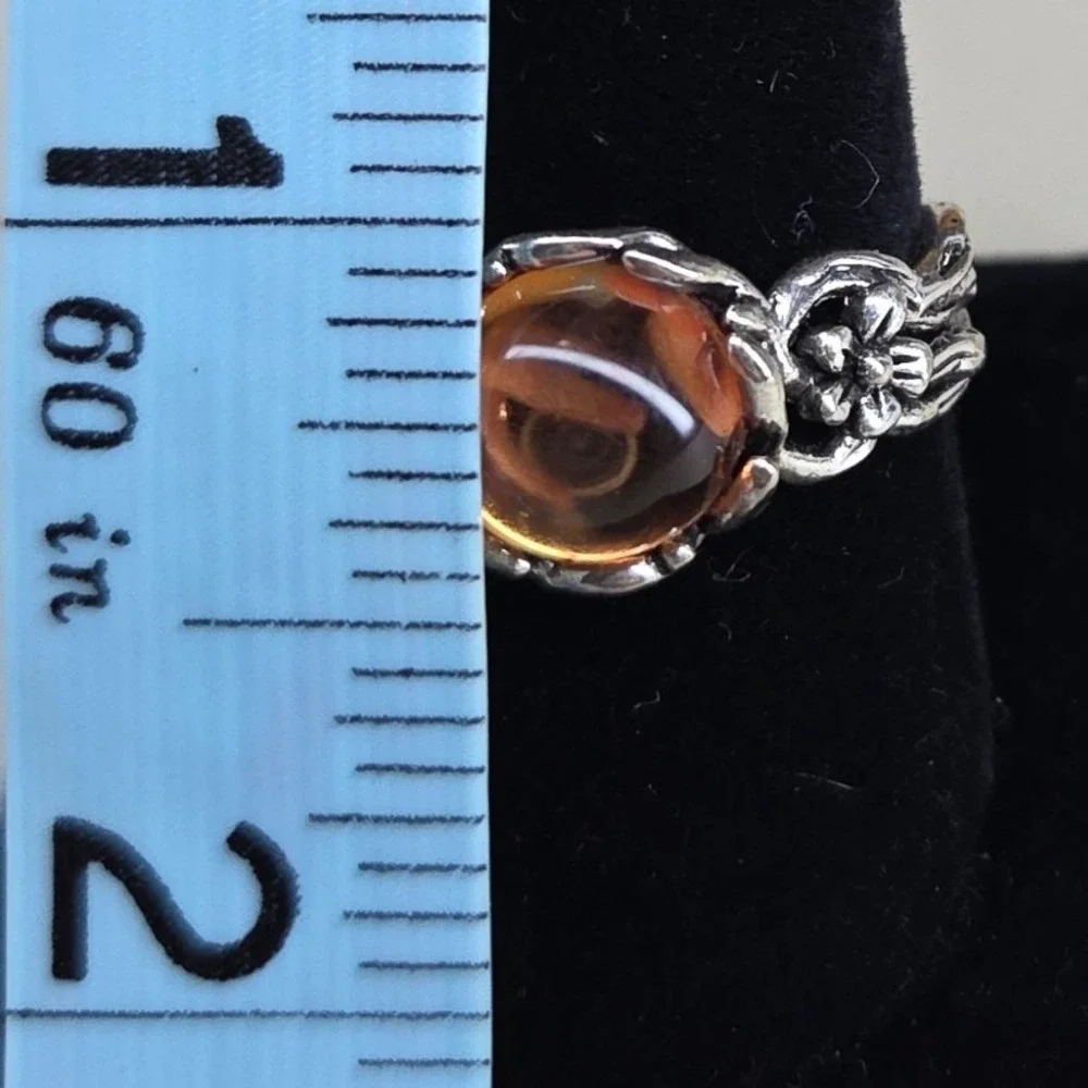 Boho Silver Tone Amber Cabochon Flower Branch Textured Statement Ring Size 10.25